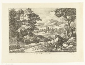 Paesaggio con due figure lungo una strada, in lontananza una chiesa da Adriaen Frans Boudewyns