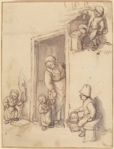 Foglio di studio con una madre e sua figlia sulla porta di casa, due ragazzi seduti da Adriaen Jansz. van Ostade