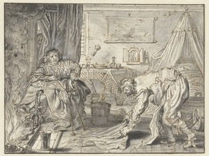 Uomo che pulisce il pavimento mentre sua moglie è seduta accanto al camino da Adriaen Pietersz van de Venne