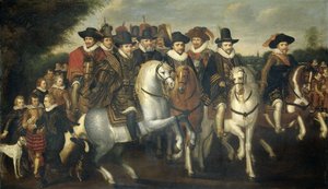 Il principe Maurizio accompagnato dai suoi due fratelli, Federico V, Elettore Palatino, e Conti di Nassau a cavallo, c.1625 da Adriaen Pietersz van de Venne