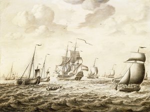 Una nave da guerra olandese che spara un saluto - un Penschilderij da Adriaen van Salm