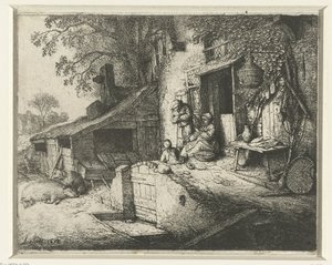 Donna che fila davanti a una casa da Adriaen van Ostade (signed by artist)