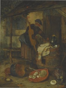 Una cameriera vicino a una porta con una botte e verdure da Adriaen Jansz. van Ostade