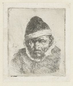 Busto di un vecchio contadino con un cappello a punta
