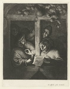 Tre uomini cantano da un foglio di carta alla luce di una candela in una finestra aperta (De rederijkers)