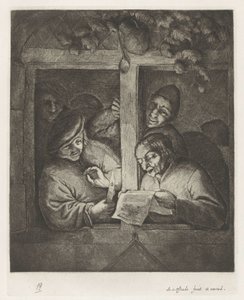 Tre uomini cantano da un foglio di carta alla luce di una candela alla finestra aperta da Adriaen van Ostade