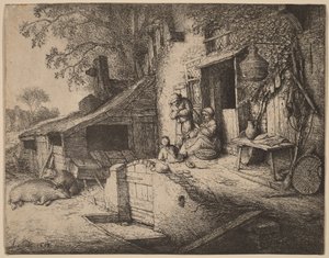 Cascina con famiglia contadina davanti alla porta d
