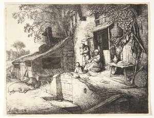 Donna che fila davanti a una casa di campagna da Adriaen van Ostade