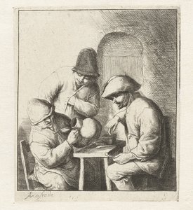 Uomo guarda in una brocca vuota, due uomini osservano da Adriaen van Ostade
