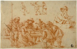 Schizzi di contadini che giocano a dadi e pattinano; Schizzo di ragazzo su slitta da Adriaen van Ostade