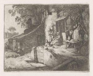 Donna che fila davanti a una casa da Adriaen van Ostade