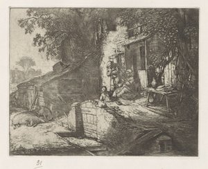 Donna che fila davanti a una casa da Adriaen van Ostade