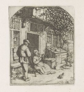 Filatrice sulla soglia di una casa da Adriaen van Ostade