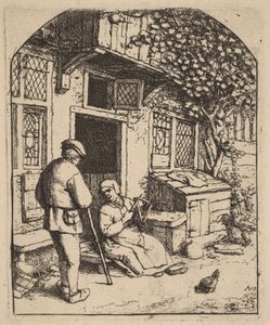Due contadini fuori da una casa, la donna avvolge la lana da Adriaen van Ostade