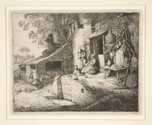 Donna che gira su se stessa davanti alla porta di un cottage da Adriaen van Ostade