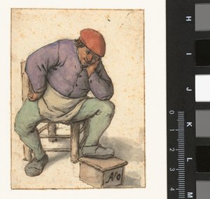 Uomo seduto che appoggia il piede sinistro su uno scaldapiedi da Adriaen van Ostade