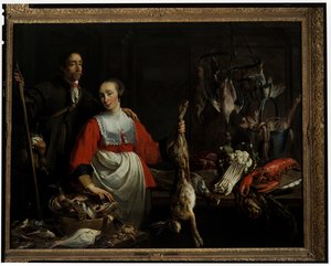 Un guardiacaccia con un fucile da caccia e una domestica che tiene in mano una lepre morta in una dispensa da Adriaen van Utrecht