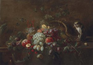 Uva, mele, prugne, fichi e altra frutta su un tavolo di legno parzialmente drappeggiato, una scimmia che mangia noci vicino a un cesto intrecciato rovesciato da Adriaen van Utrecht