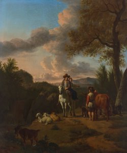 Paesaggio italiano con un uomo e una donna su un cavallo bianco che chiedono indicazioni a un pastore