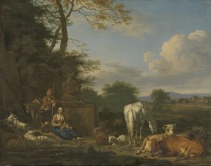 Paesaggio arcadico con pastori e animali a riposo da Adriaen van de Velde