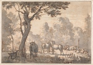 Paesaggio boscoso con cavalli, mucche e capre da Adriaen van de Velde