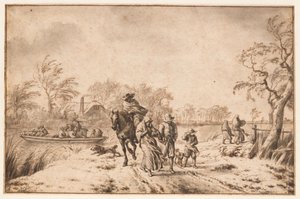 Paesaggio autunnale con viaggiatori e traghetto da Adriaen van de Velde
