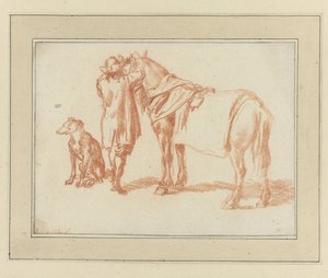 Cavaliere accanto a un cavallo e un cane