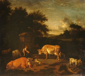 Pastorella e un Mandriano con i loro Greggi presso una Fontana Classica in un Paesaggio Boschivo da Adriaen van de Velde