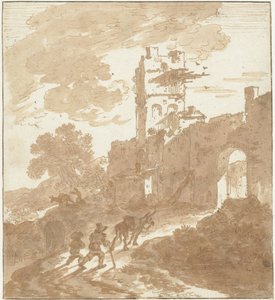 Paesaggio italianeggiante con un sentiero che conduce a una porta della città da Adriaen van der Kabel