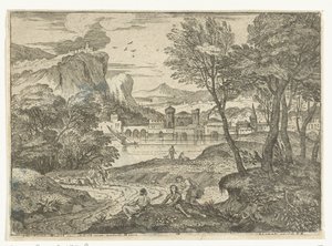 Paesaggio con tre persone lungo un sentiero (serie Paesaggi, serie otto) da Adriaen van der Kabel