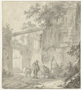Veduta di rovine antiche con un disegnatore, il suo compagno e un cane da Adriaen van der Kabel