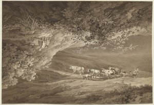 Paesaggio con una mandria di mucche e capre, sovrastato da un altro paesaggio, capovolto, con un uomo che spinge una carriola da Adrian Zingg