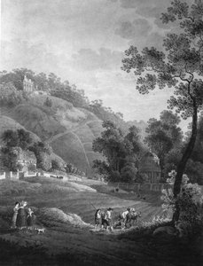 Vista verso il Castello di Pillnitz con il giardino e la rovina artificiale, circa 1792