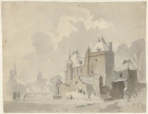 Veduta di un castello immaginario vicino a una città da Adrianus Eversen