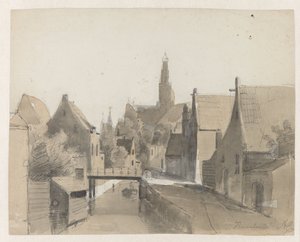 Veduta di un canale a Haarlem, sullo sfondo la St. Bavo da Adrianus Eversen