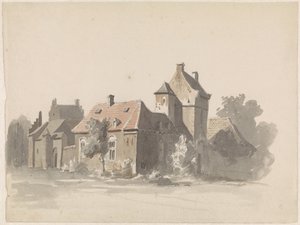 Veduta di un gruppo di case con una piccola porta della città (?) da Adrianus Eversen