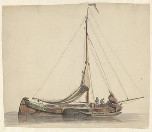 Due uomini che lavorano su una barca piatta con vele abbassate da Adrianus Eversen