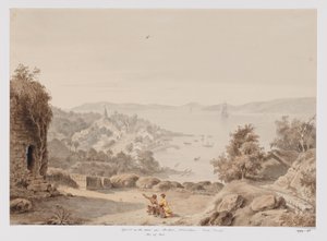Veduta di Ternate e la rada di Ternate, la costa occidentale di Halmahera, Molucche settentrionali da Adrianus Johannes Bik