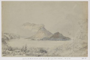Vista da Lontar su Banda Neira e il vulcano fumante Gunungapi, isole Banda, Molucche centrali da Adrianus Johannes Bik