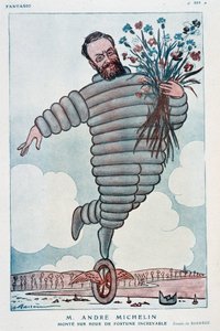 Cartone animato di Andre Michelin e Bibendum - Illustrazione di Adrien Barrere (1877-1931) in "Fantasio" del 01/07/1923