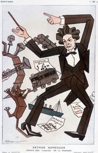 Cartone animato di Arthur Honegger "Principe dei Fauves della Musica", compositore svizzero (1892-1955) - di Barrère, in "Fantasio" del 01/01/1930 da Adrien Barrere