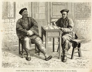 Giocatori di scacchi. Incisione dal disegno di A. Marie, per illustrare il viaggio a Pechino e nel Nord della Cina, di T. Choutze, nel 1873, pubblicato in "Le tour du monde" 1876, a cura di Edouard Charton, edizione Hachette, Parigi. Collezione Selva. da Adrien Emmanuel Marie