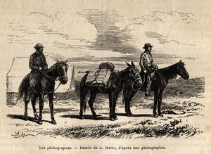 Fotografi della missione geologica americana, a cavallo, materiale accuratamente imballato pronto per una nuova tappa, incisione dal disegno di A. Marie, illustrando una serie di missioni geografiche attraverso il Parco Nazionale degli Stati Uniti, dal 187 da Adrien Emmanuel Marie