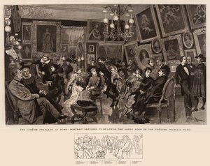 La Comédie Française a casa, schizzi di ritratti dal vivo nella sala verde del Théâtre Français, Parigi da Adrien Emmanuel Marie
