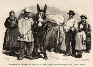 Il carico dei formaggi sul dorso di un mulo, verso le cantine di Roquefort, incisione dopo un disegno di A.Marie, illustrante un viaggio a Roquefort e dintorni, di Adrien Roques e Jules Charton, nel 1874, pubblicato in 