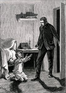 Il bambino spia: Un bambino si getta ai piedi del padre in collera per chiedere perdono (acquaforte) da Adrien Emmanuel Marie