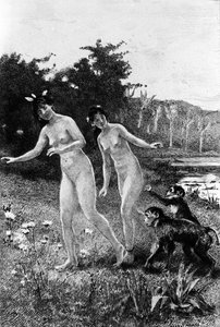 Incisione di Adrien Moreau (1843-1906) che illustra "Candido" di Francois Marie Arouet detto Voltaire (1694-1778).
