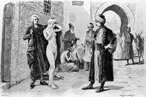 Incisione di Adrien Moreau (1843-1906) che illustra "Candido" di Francois Marie Arouet detto Voltaire (1694-1778).