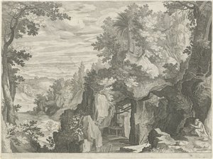 Paesaggio montano con un eremita