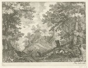 Paesaggio boschivo con due cacciatori e un cane da Egidius  Sadeler (II)